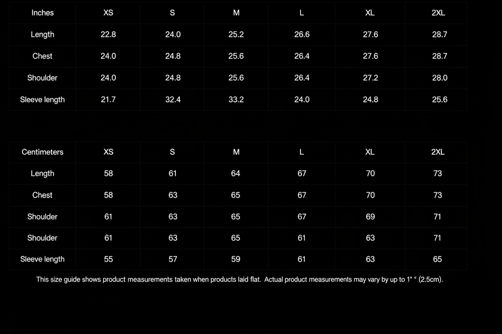 Liquid Frequency size chart on black