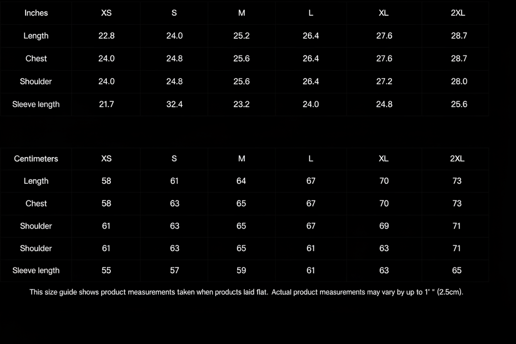 Size chart black background