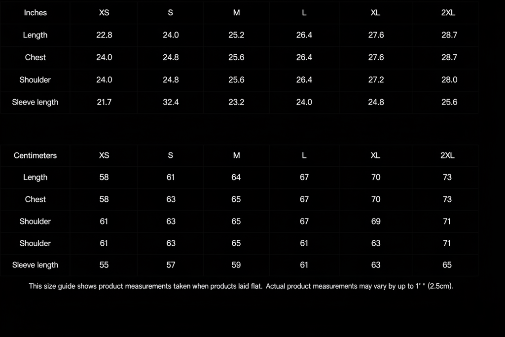 Size chart with black background