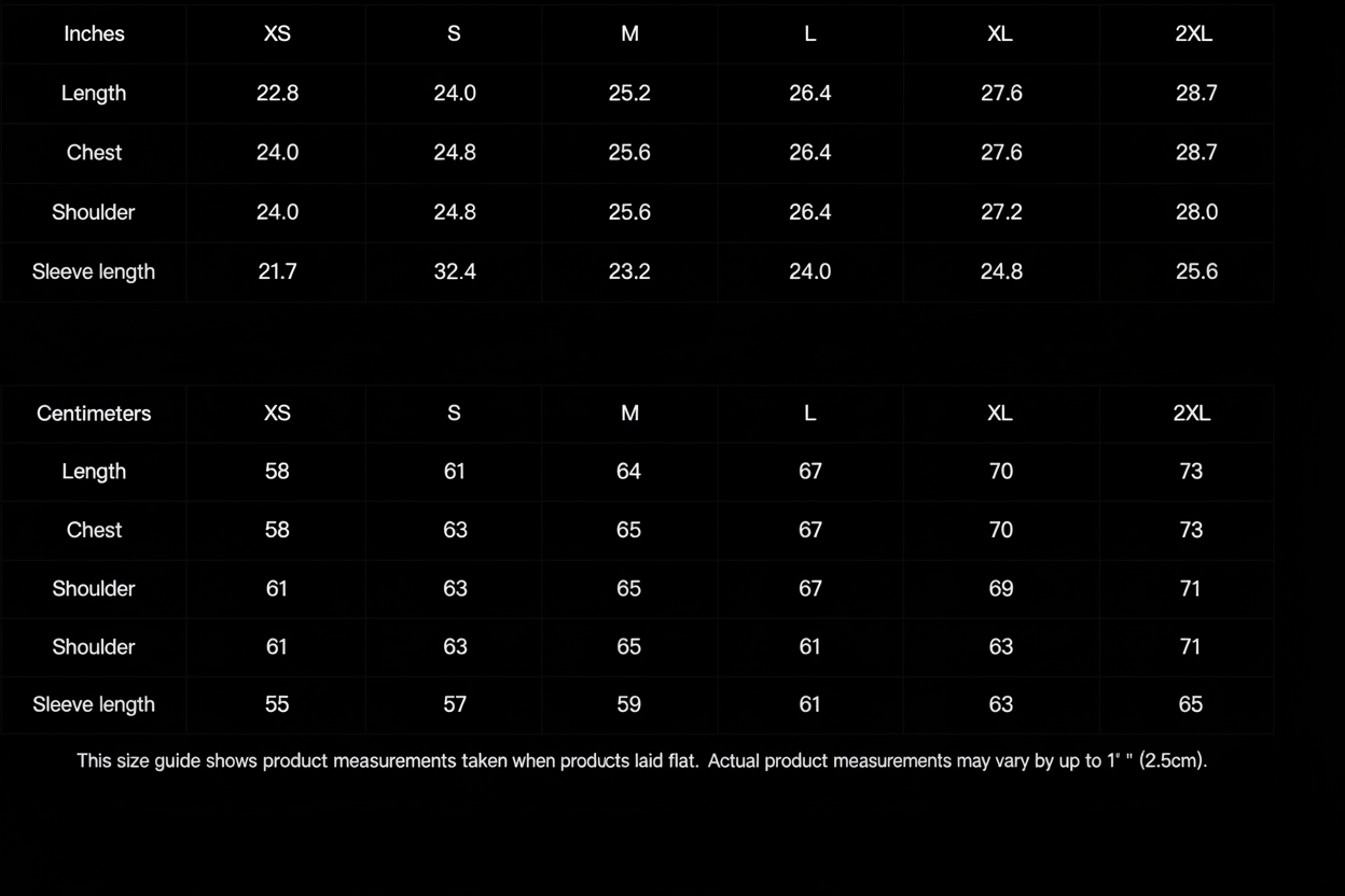 Size chart with black background