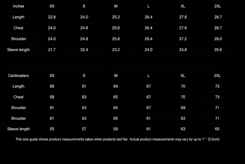 The Colony Tee size chart on black