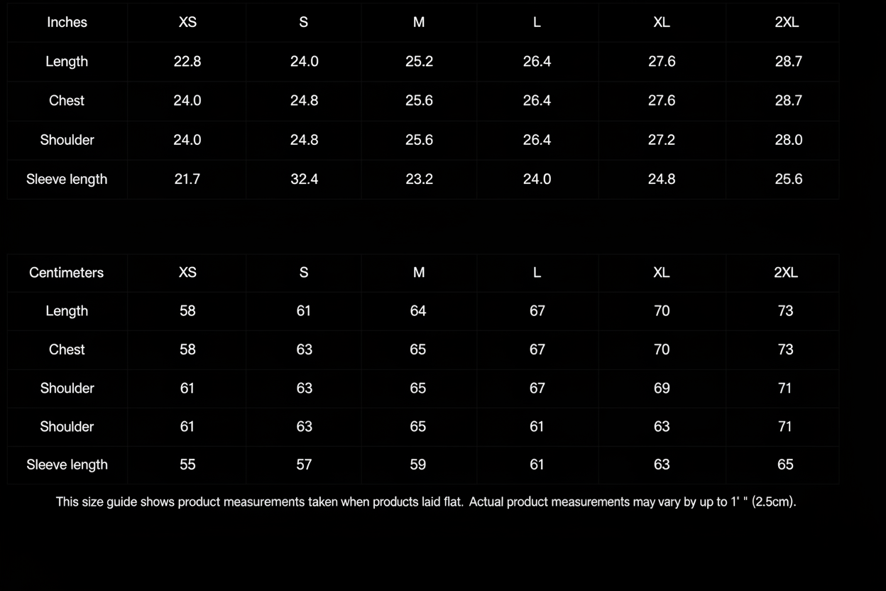 The Colony Tee size chart on black