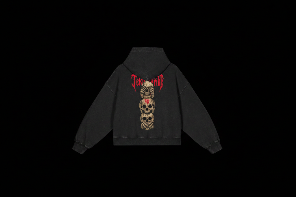 Three Wise Skulls Hoodie Back 2 on black