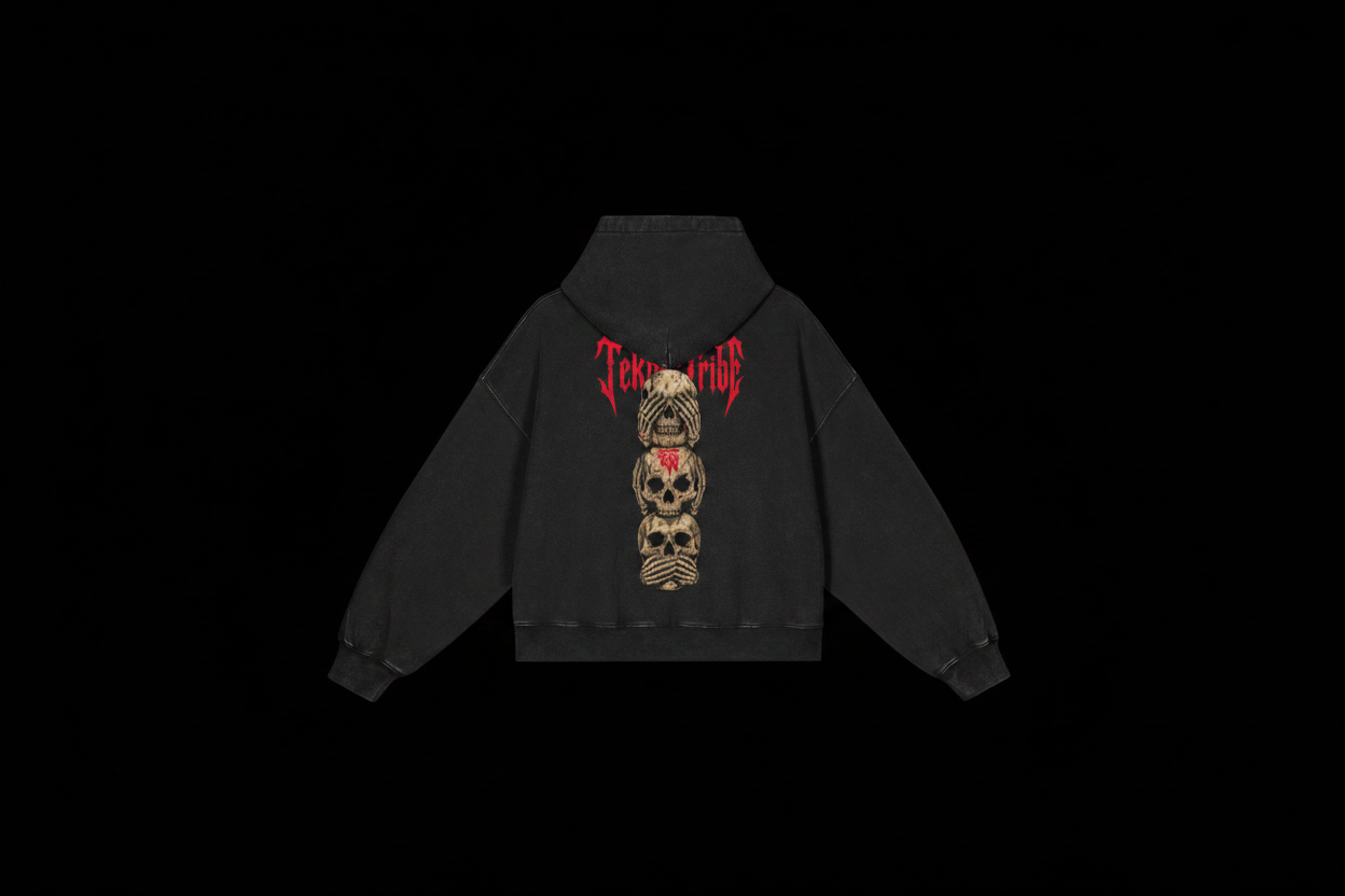 Three Wise Skulls Hoodie Back 2 on black