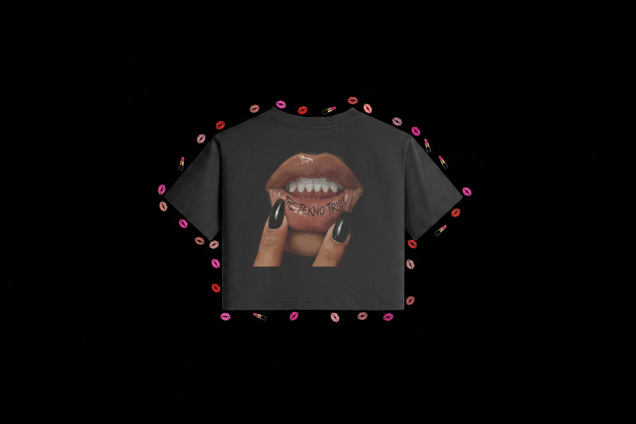 Tribe Kiss Crop Tee with kiss and lipstick outline on black